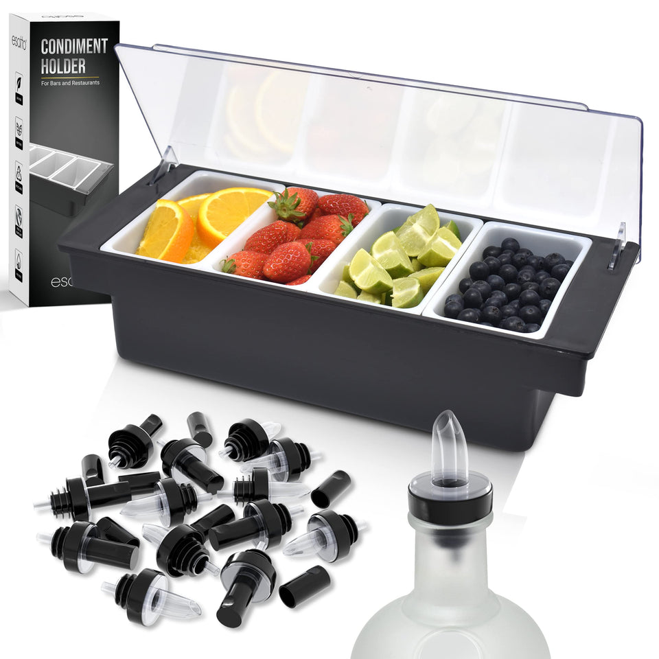 Esatto bar condiment holder with garnish tray on busy counter for ready garnishes.