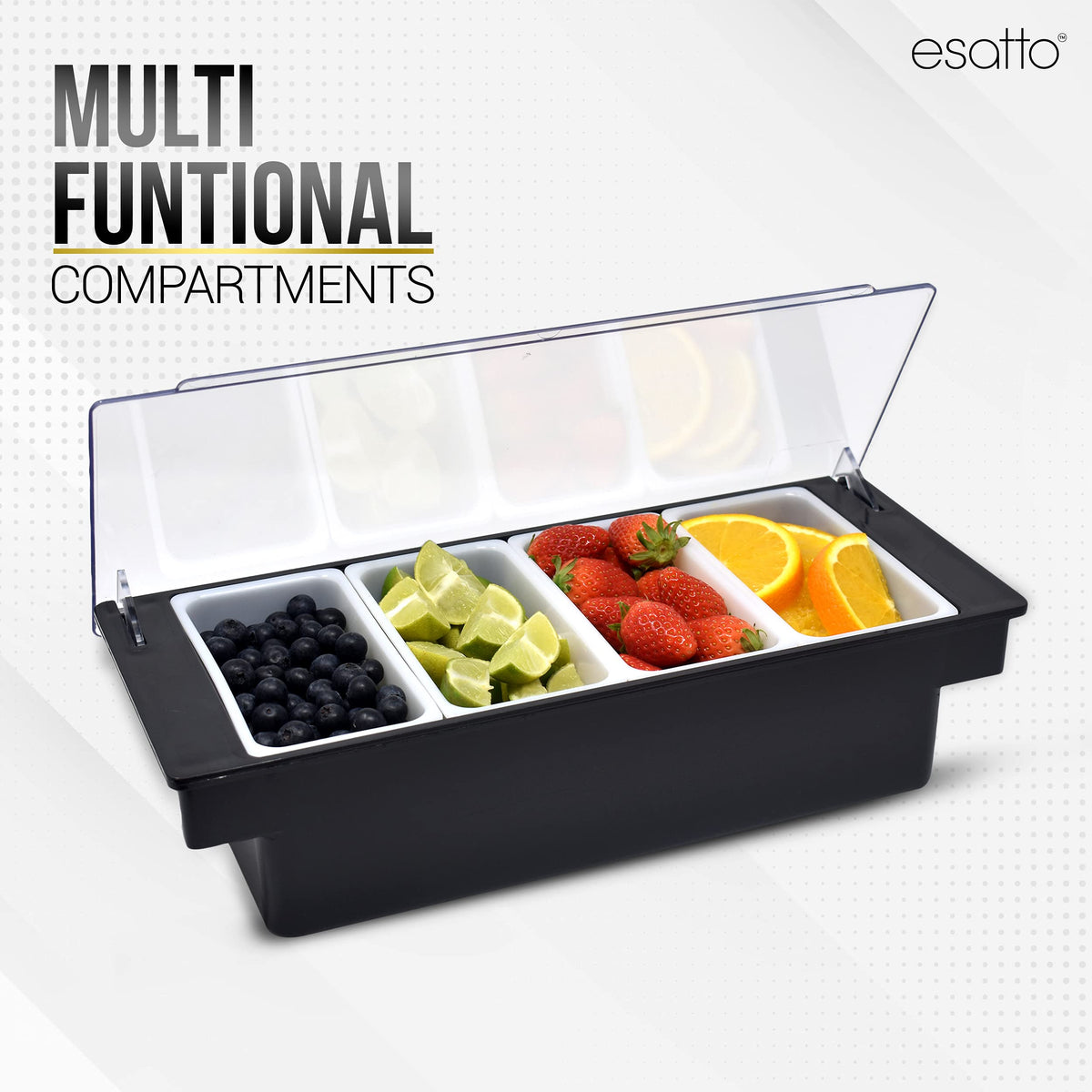 Esatto four 1-pint inserts organize garnishes and ingredients.