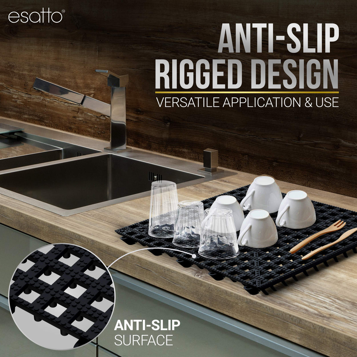 Esatto interlocking shelf mats 12in drainage gaps highlight fast drying and good airflow.
