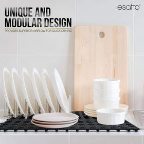 Esatto interlocking shelf mats 12in under-dishware on racks illustrate versatile multipurpose use.