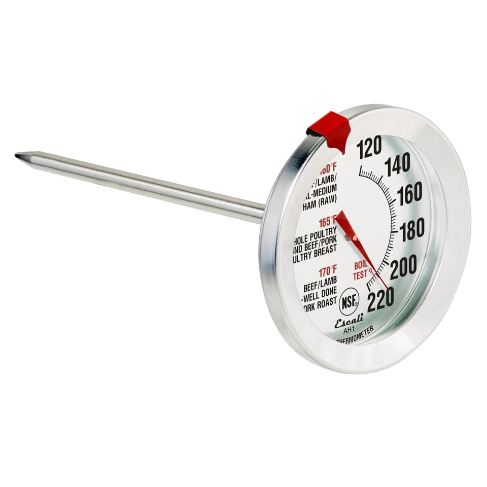 Escali AH1 oven-safe thermometer dial displays labeled targets for beef, poultry, pork, and veal.