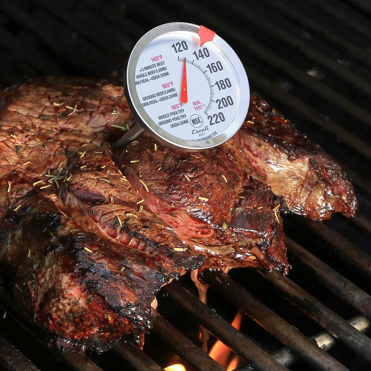 Escali AH1 target temperatures guide doneness for beef, poultry, pork, veal, and lamb.