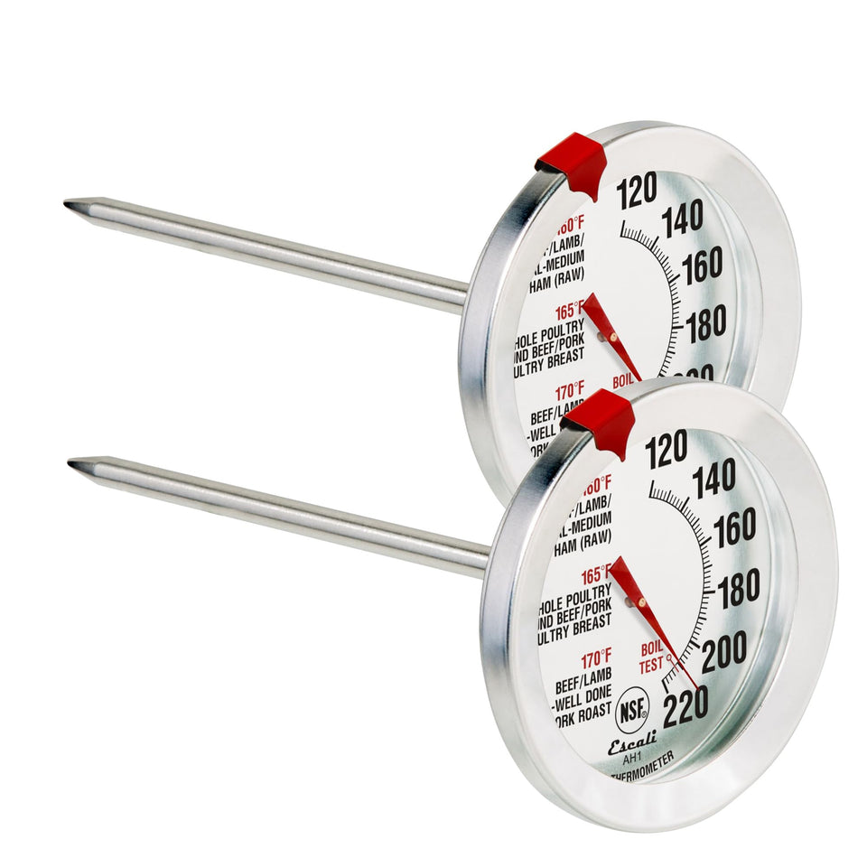 Escali AH1 two-pack oven-safe thermometers with dial close-up for precise beef and poultry temps in kitchens
