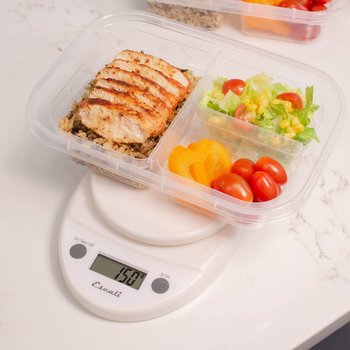 Escali Primo weight readings on compact platform support quick baking prep.