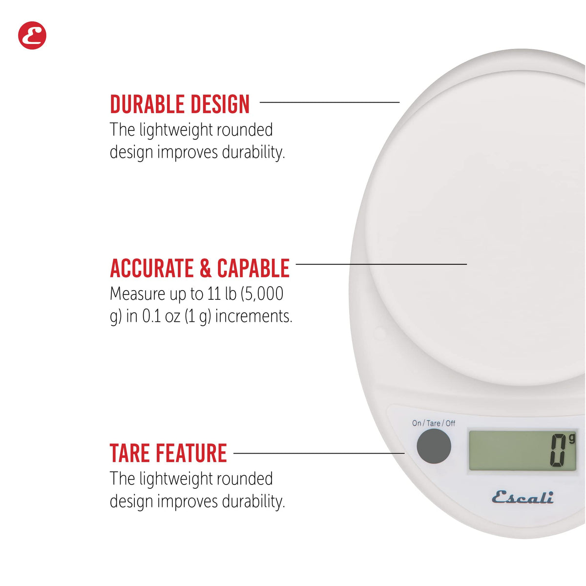 Escali Primo digital scale display readout showing clear measurements for accurate portions.