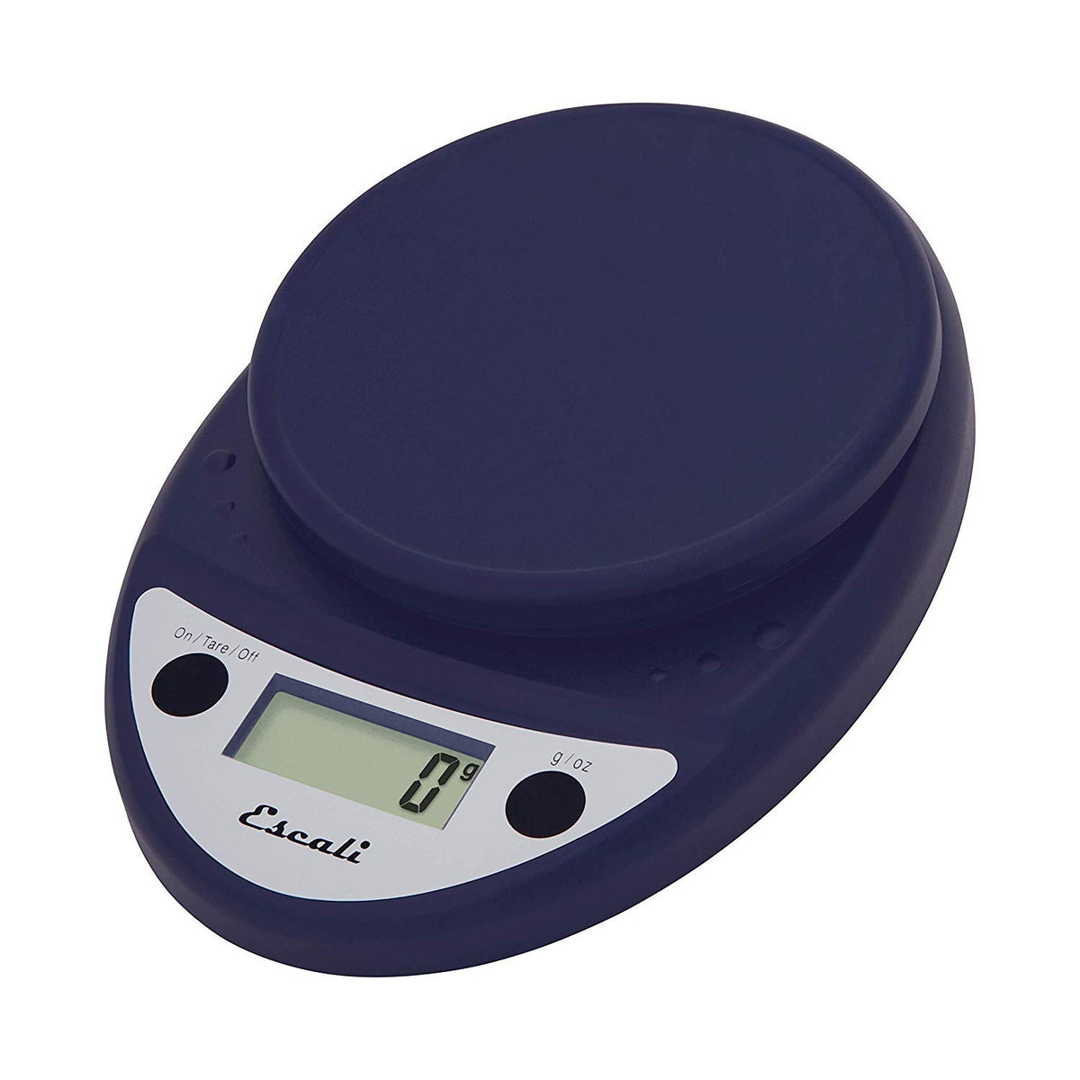 Escali Primo digital kitchen scale with royal blue front display for precise measurements.