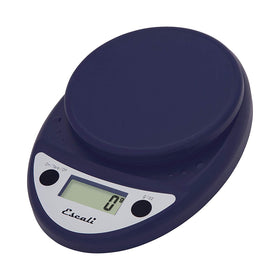 Escali Primo digital kitchen scale with royal blue front display for precise measurements.