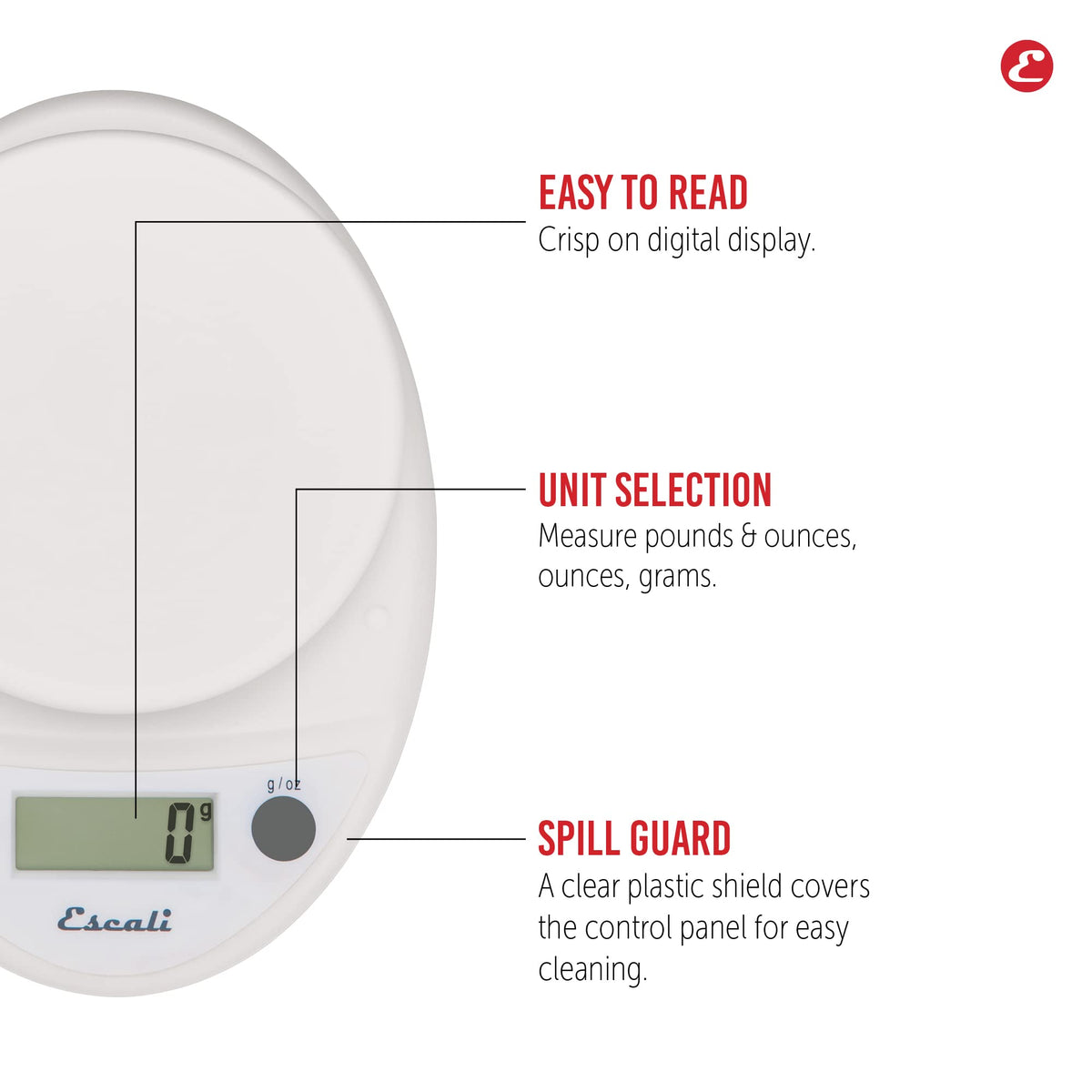 Escali Primo tare function enables zeroing multiple ingredients for easy prep.