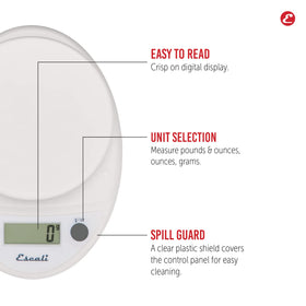 Escali Primo tare function enables zeroing multiple ingredients for easy prep.