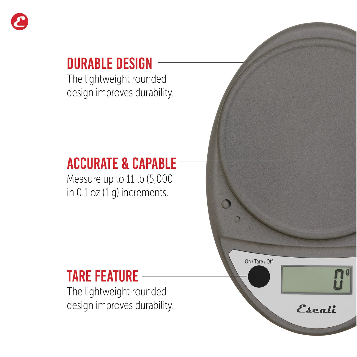 Escali Primo scale tare function in action aids multi-ingredient measurements.