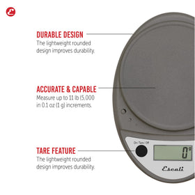 Escali Primo scale tare function in action aids multi-ingredient measurements.