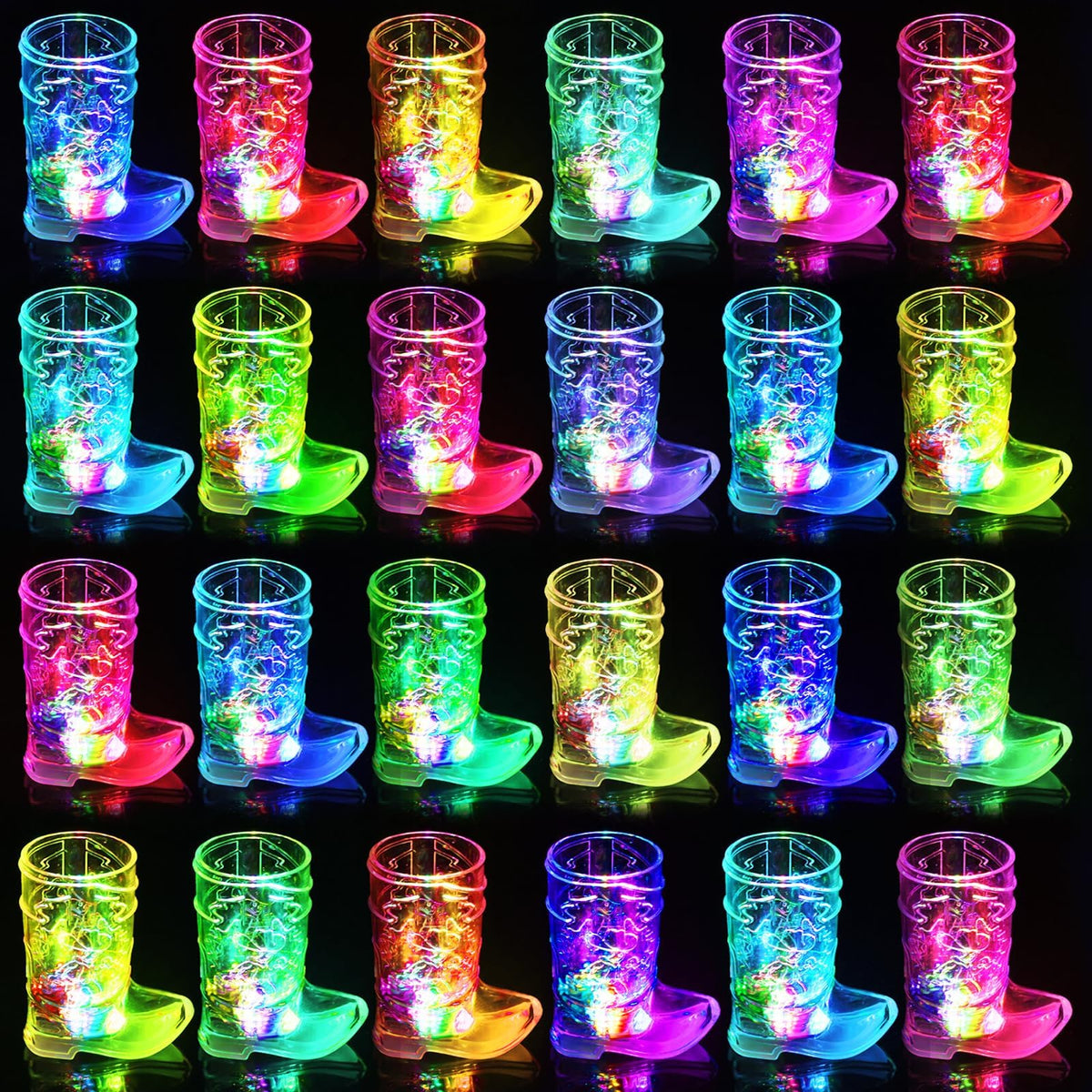 Esdabem cowboy boot shot glasses glow, creating colorful party ambiance.
