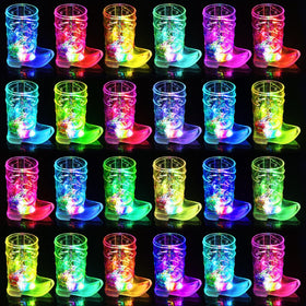 Esdabem cowboy boot shot glasses glow, creating colorful party ambiance.
