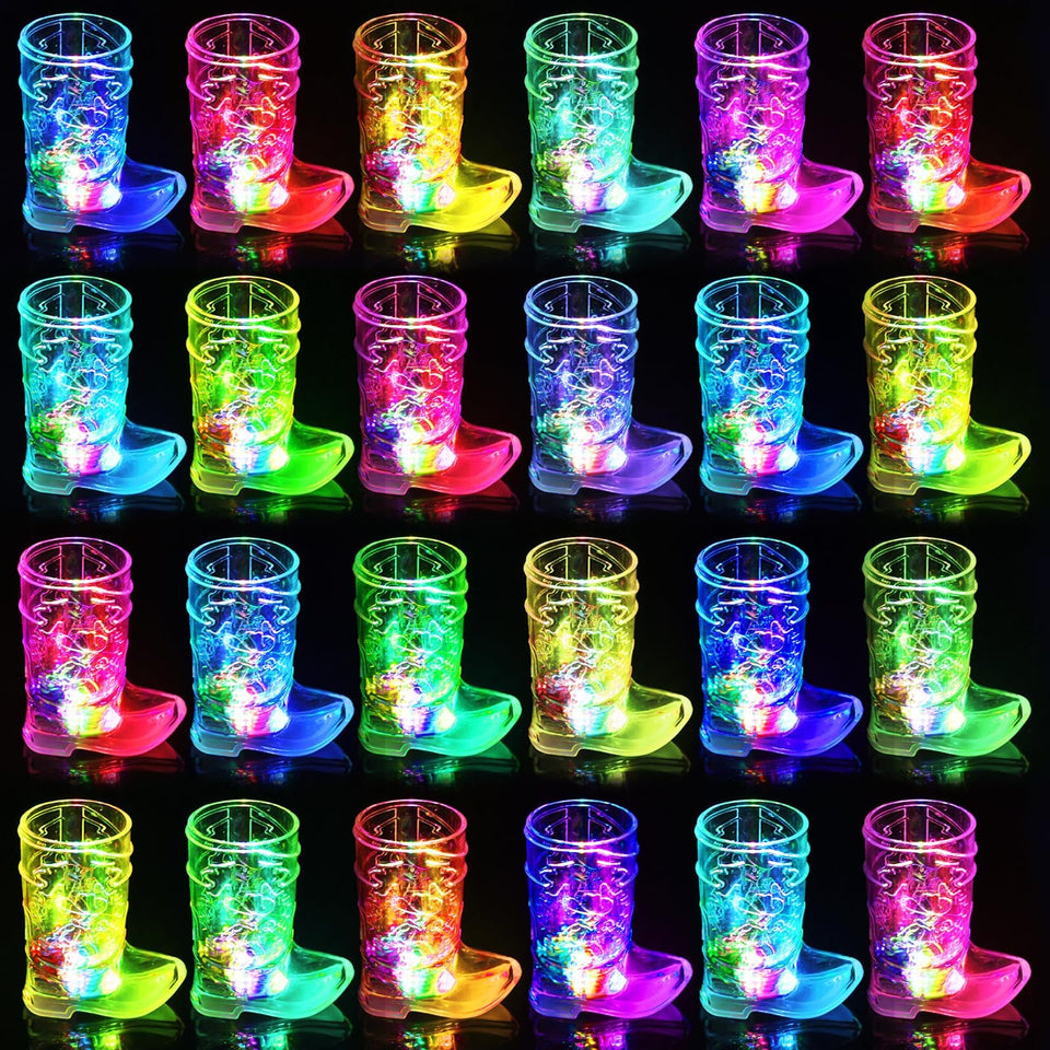 Esdabem cowboy boot shot glasses glow, creating colorful party ambiance.