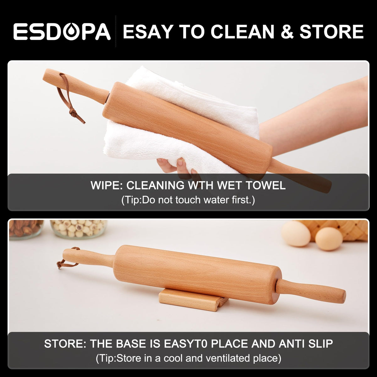 Non-stick surface of ESDOPA rolling pin simplifies cleanup after use.