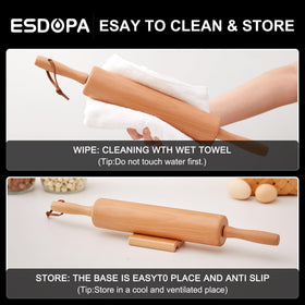 Non-stick surface of ESDOPA rolling pin simplifies cleanup after use.