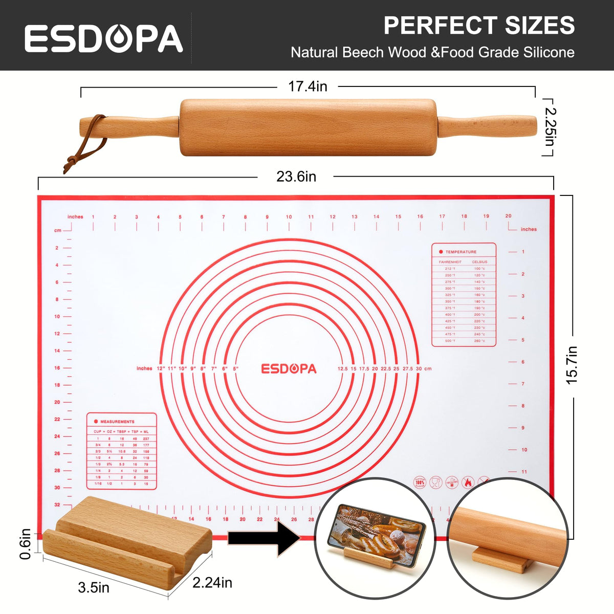 ESDOPA rolling pin set with pastry mat enables even dough rolling across large area.