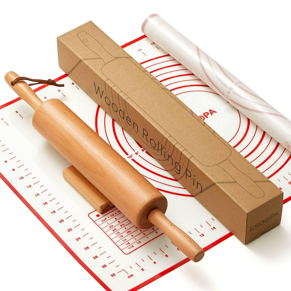 ESDOPA Classic Wood Rolling Pin with Stand shows easy storage and stable handling.