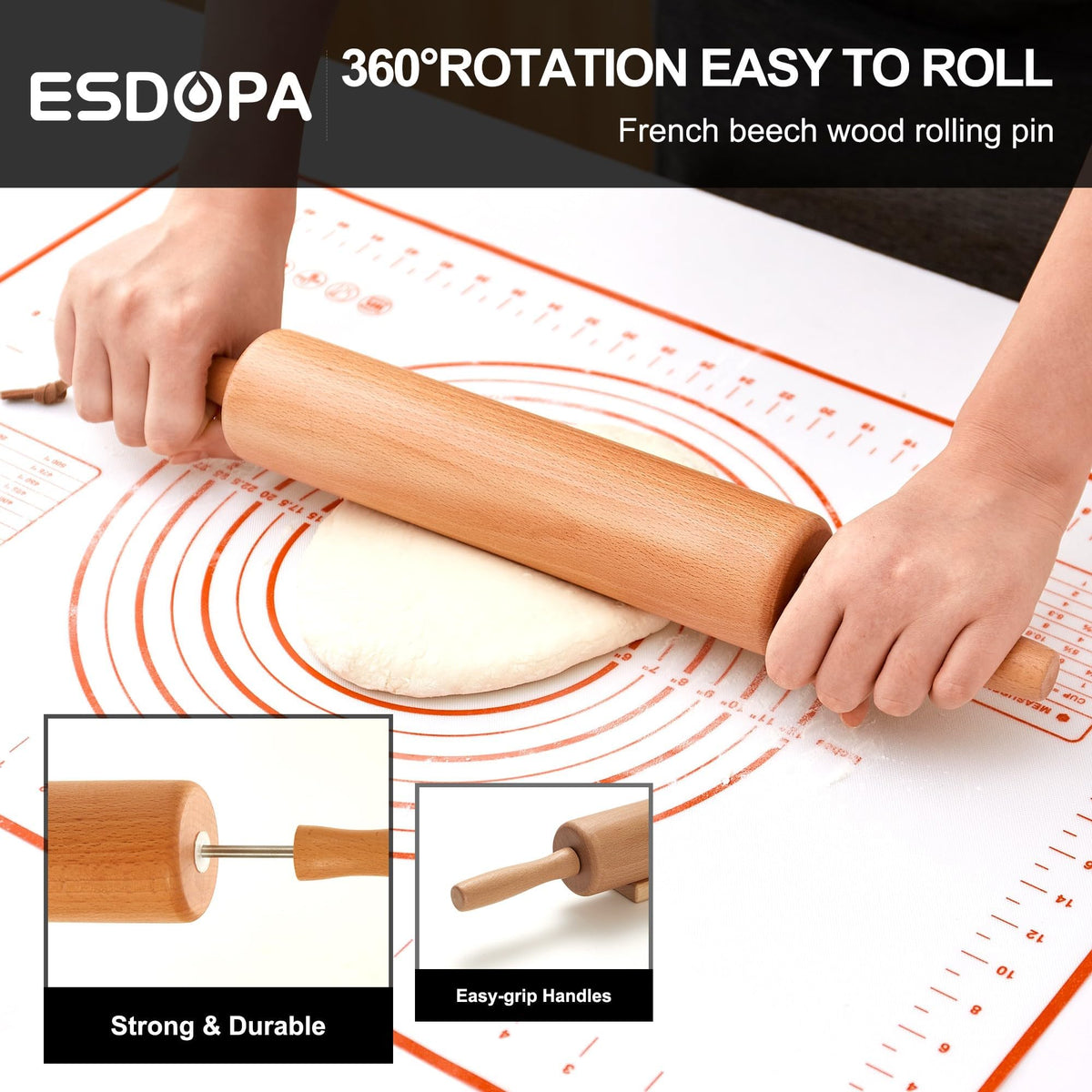 ESDOPA rolling pin on wooden base keeps workspace organized and accessible.