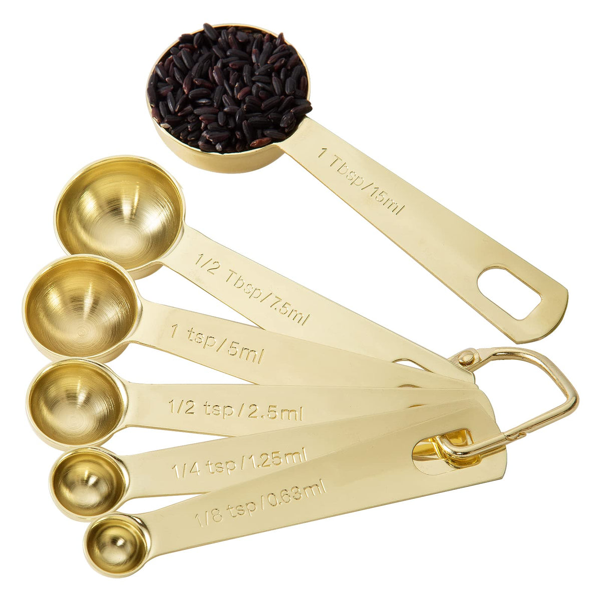 Esie Houzie gold measuring spoons set of 6 with precise measurements for dry and liquid ingredients.