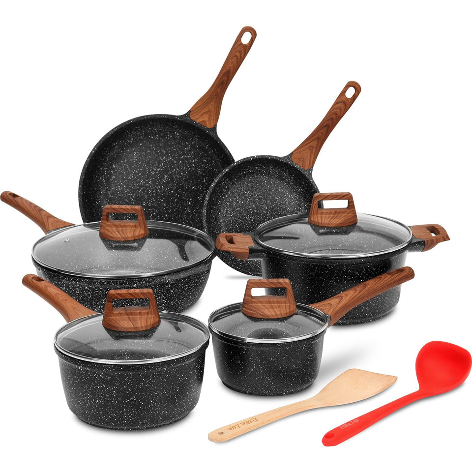 ESLITE LIFE 12-piece nonstick cookware set with granite coating for easy cleaning.