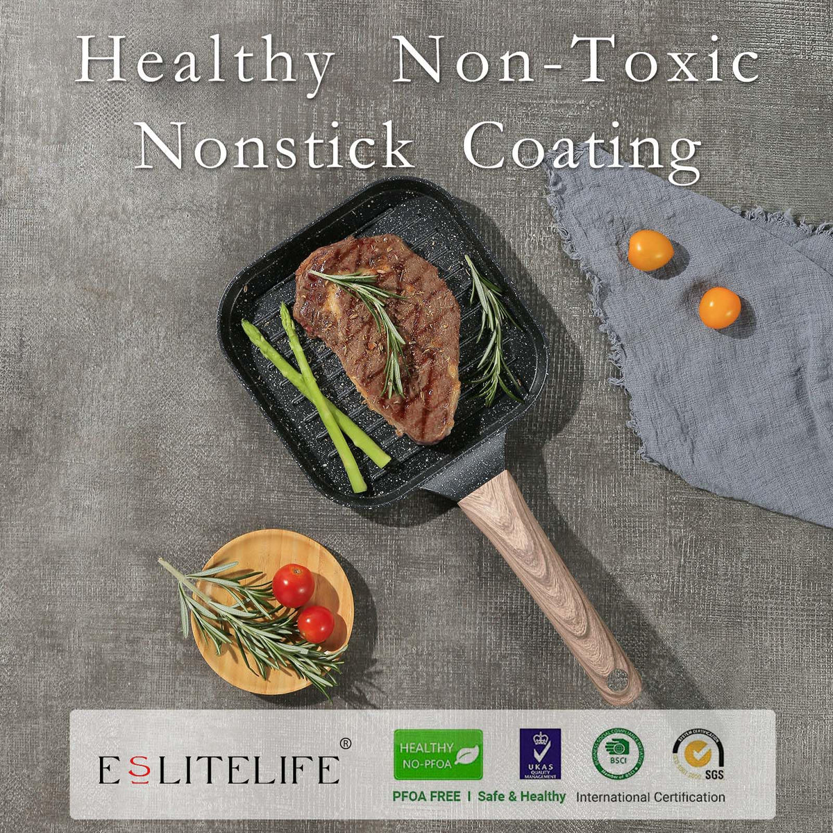 ESLITE LIFE grill pan handle side demonstrates a heat resistant grip for safe stirring