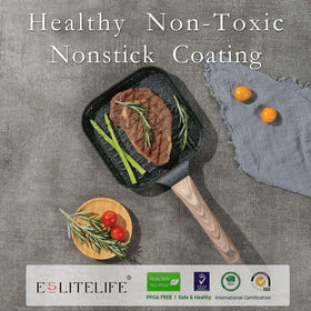 ESLITE LIFE grill pan handle side demonstrates a heat resistant grip for safe stirring
