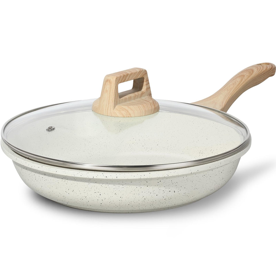 ESLITE LIFE 8-inch pan with lid shows nonstick coating for easy release
