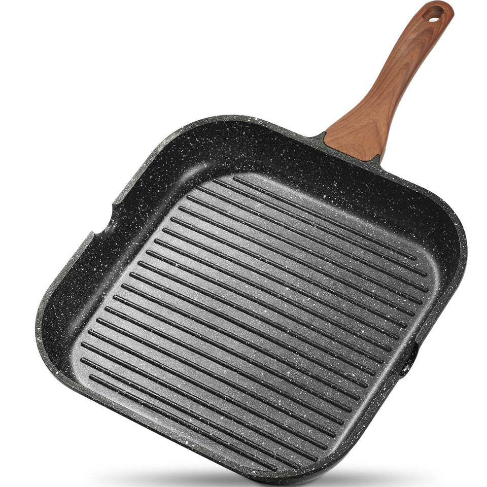 ESLITE LIFE 9.5-inch grill pan top view with ridges for searing marks
