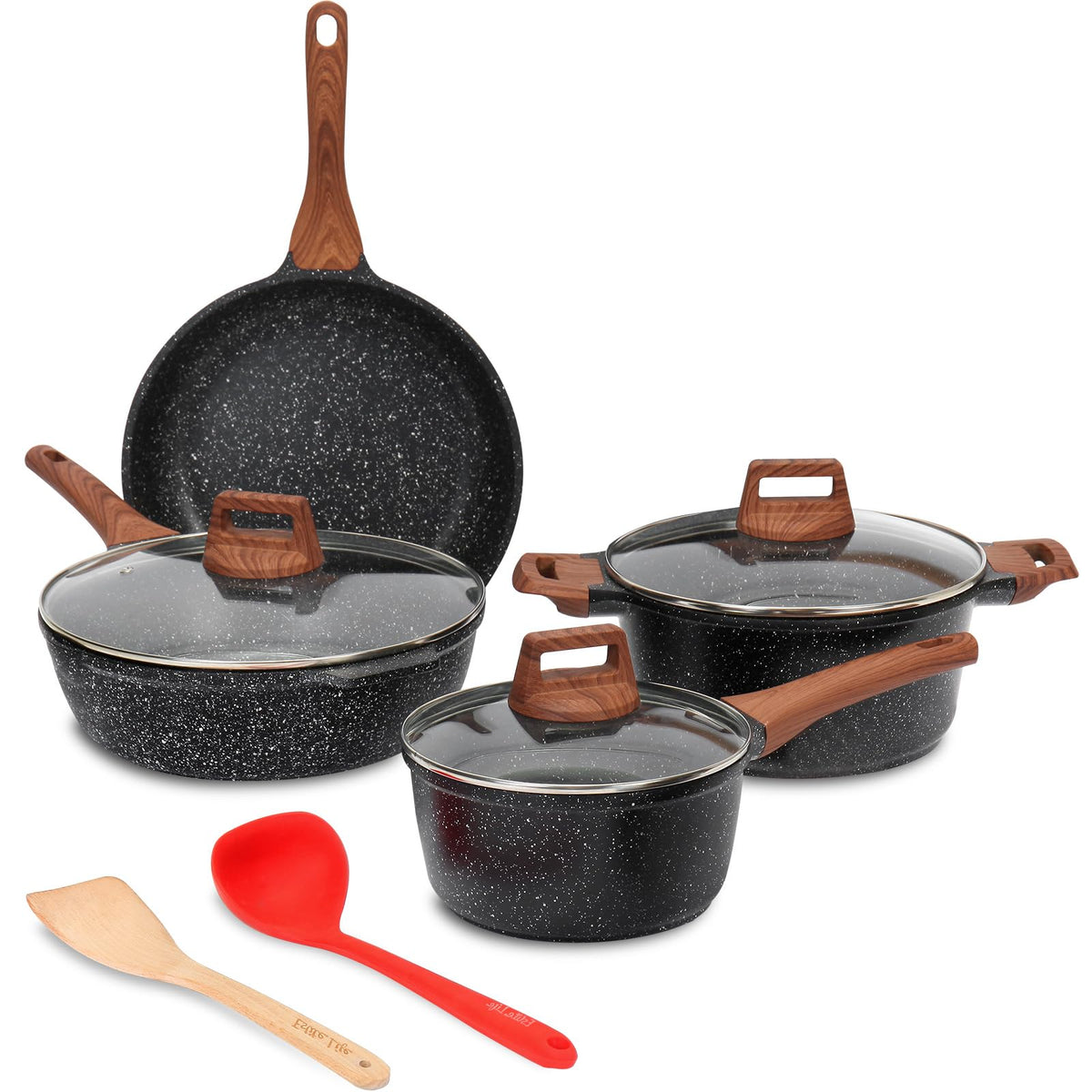 ESLITE LIFE 9-Piece Granite Nonstick Set package view shows durable coating for easy cooking