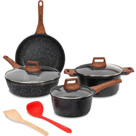 ESLITE LIFE 9-Piece Granite Nonstick Set package view shows durable coating for easy cooking
