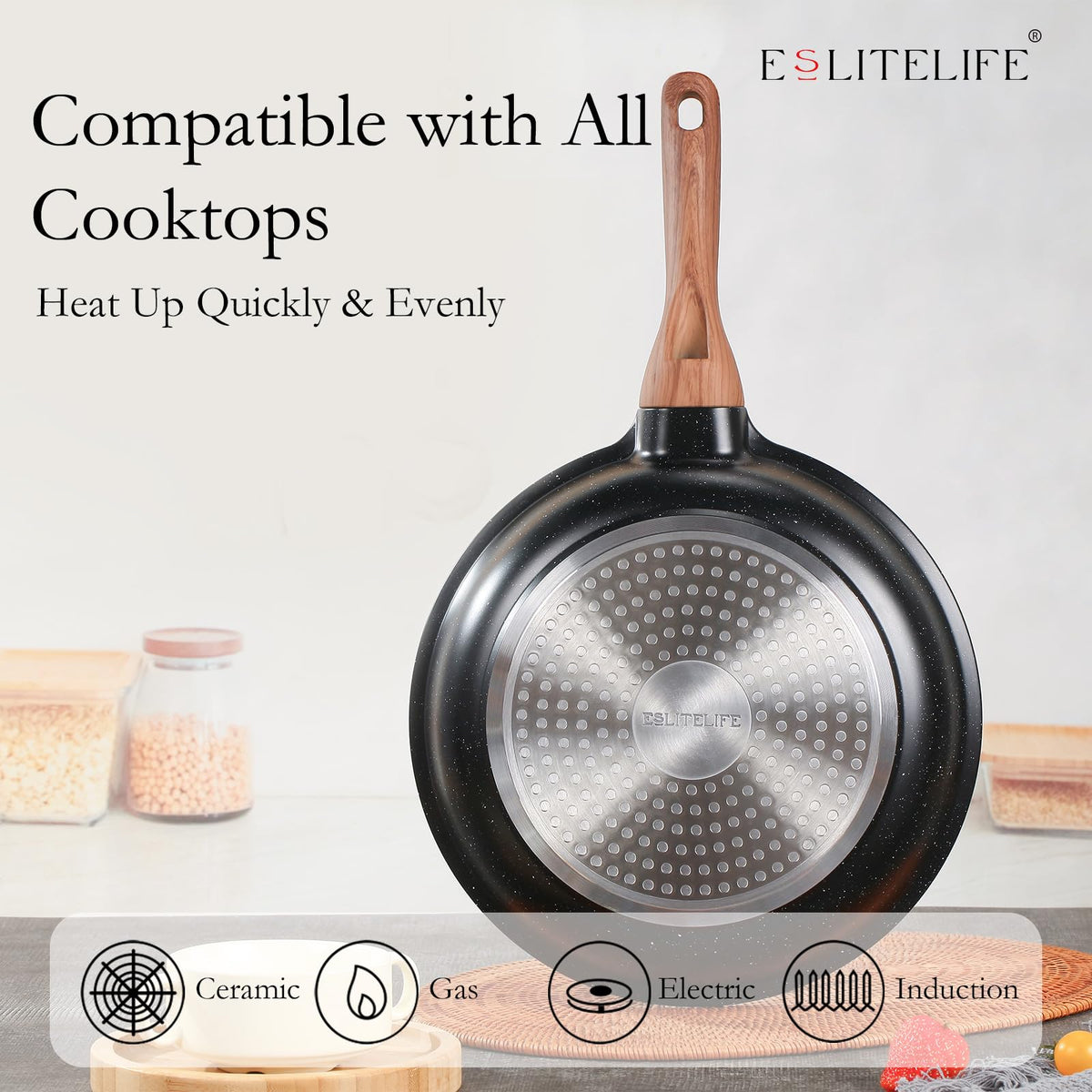 ESLITE LIFE bakelite handle close-up supports cool-touch cooking