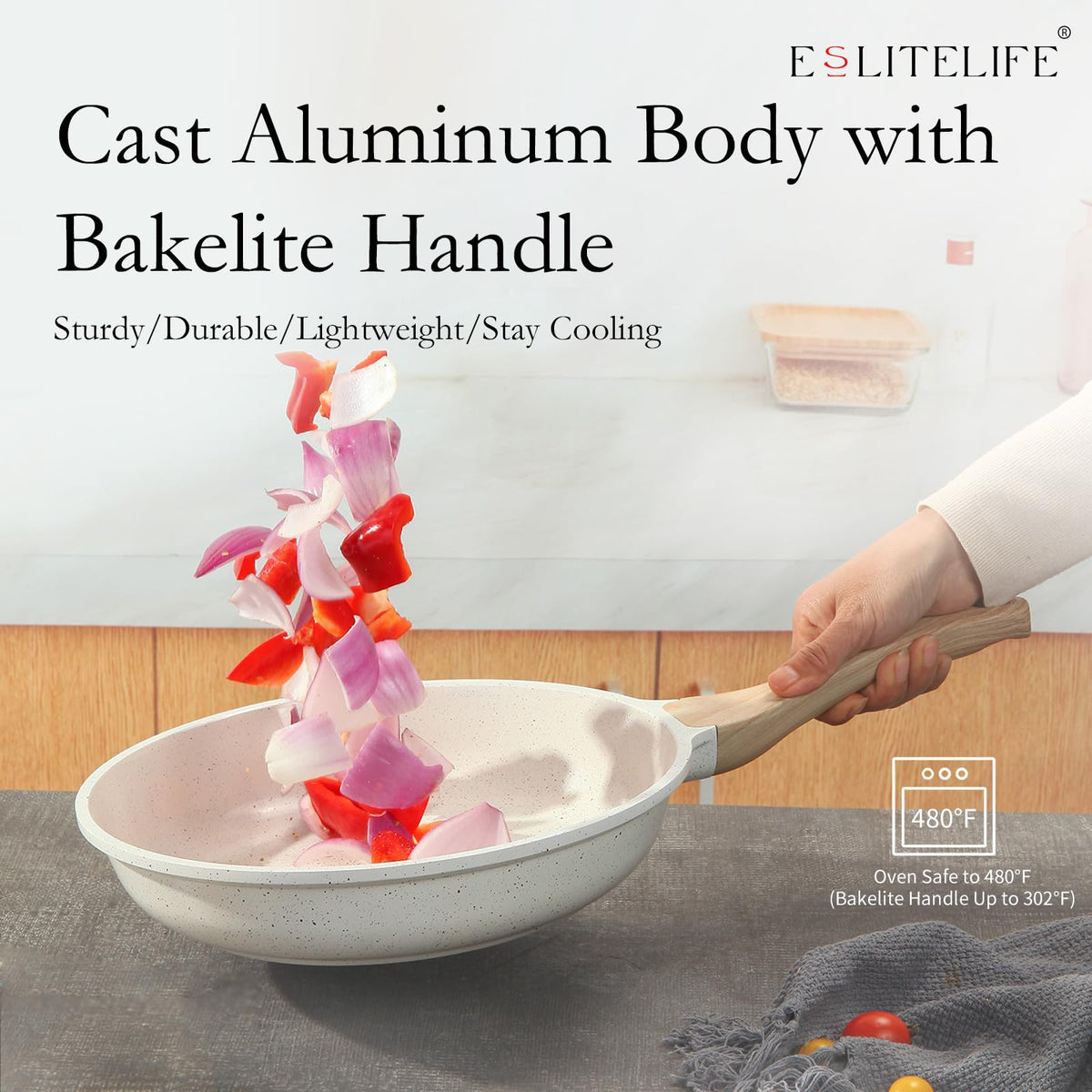 ESLITE LIFE bakelite handle provides a cool, comfortable grip during cooking.