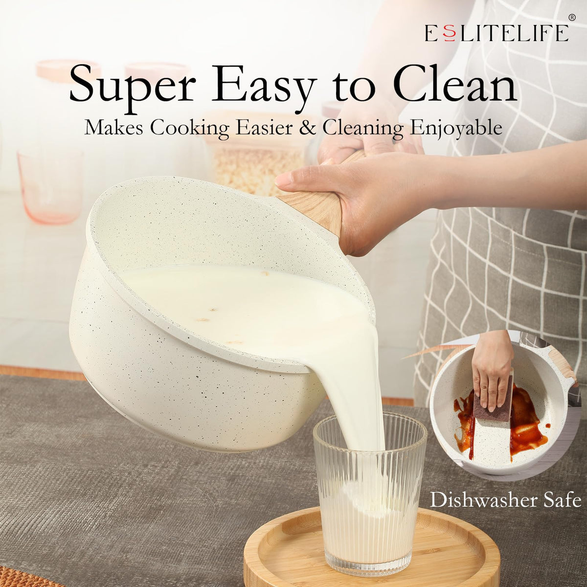 ESLITE LIFE heat resistant bakelite handle stays cool to touch while stirring.