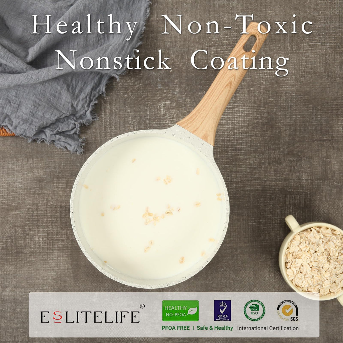 ESLITE LIFE sauce pan with induction base heats rapidly for efficient cooking.