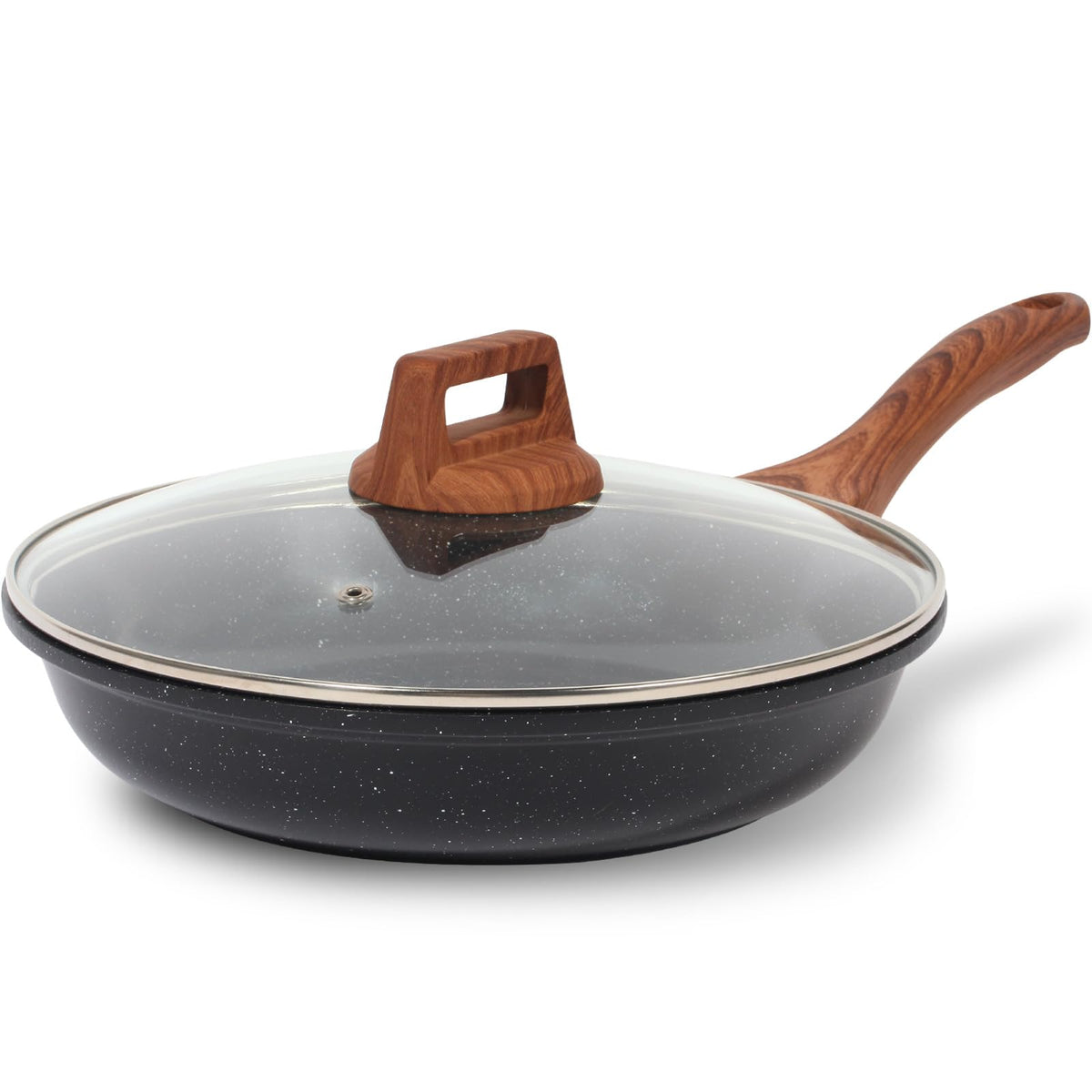 ESLITE LIFE nonstick ceramic frying pan with lid shown for easy release and cleanup.
