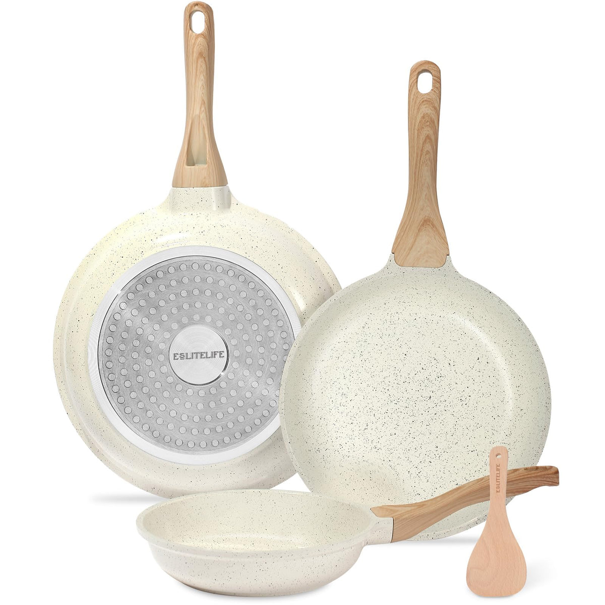 ESLITE LIFE nonstick ceramic frying pan set showing even heat distribution.