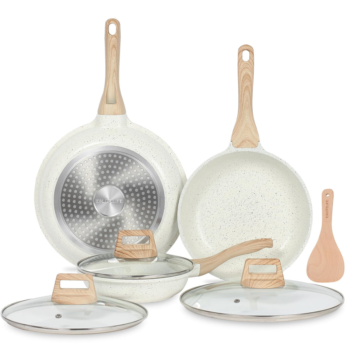 ESLITE LIFE nonstick ceramic pan set with lids for easy, versatile cooking and browning.