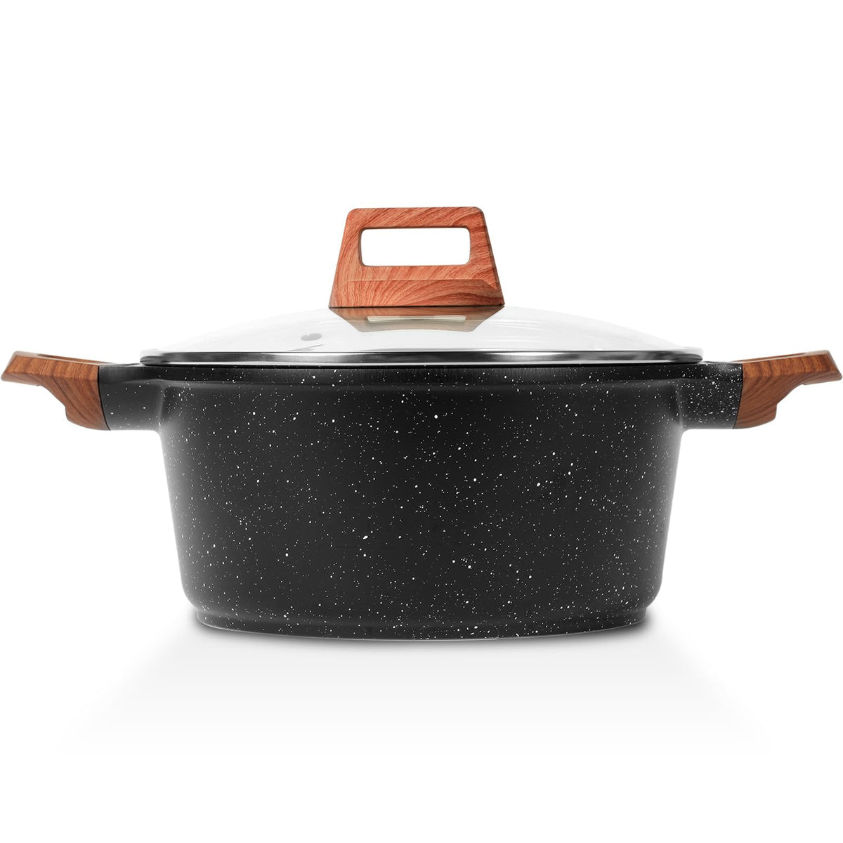 ESLITE LIFE 3QT stock pot with lid shows granite coating for easy cooking.