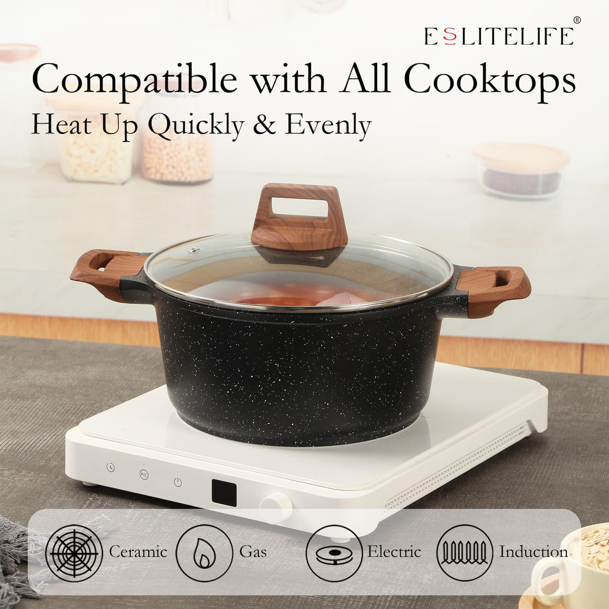 ESLITE LIFE stock pot granite close-up reveals smooth nonstick surface.