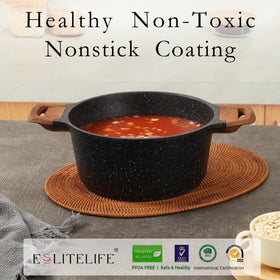 ESLITE LIFE stock pot side view emphasizes durable cast aluminum construction.