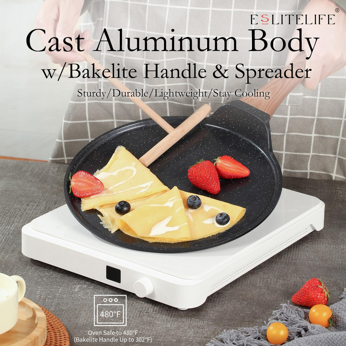 Versatile ESLITE LIFE crepe pan suitable for crepes, tortillas, and pancakes.