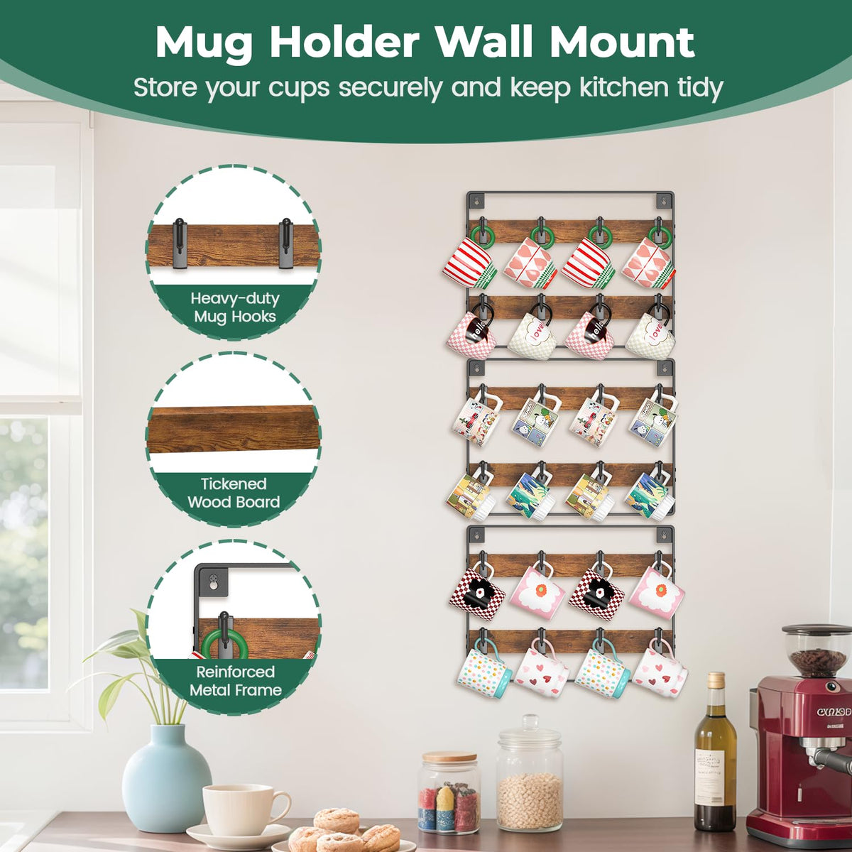 EsLuker.ly mug rack with 24 movable hooks for flexible layout options.