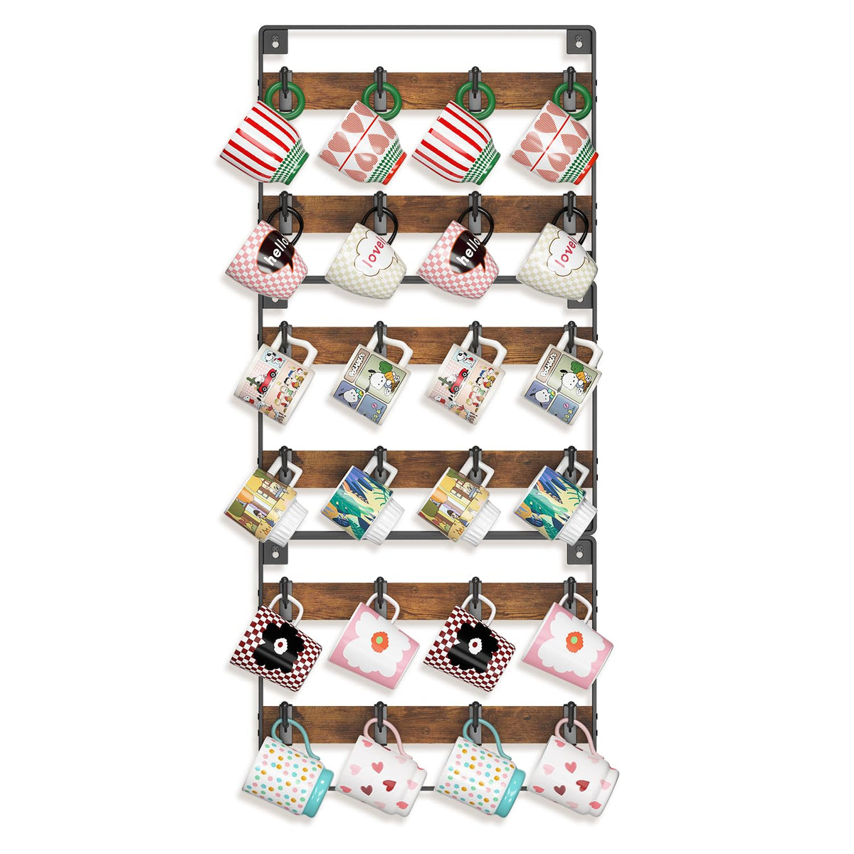 EsLuker.ly wall-mounted wooden mug rack keeping mugs neatly organized for easy access.