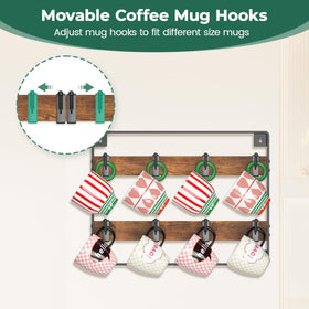 EsLuker.ly wooden display shelf for wall-mounted coffee mugs in a cozy kitchen.