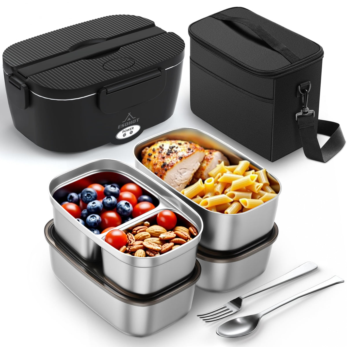 ESOHOT heated lunch box with 120W rapid heating for hot meals on the go.