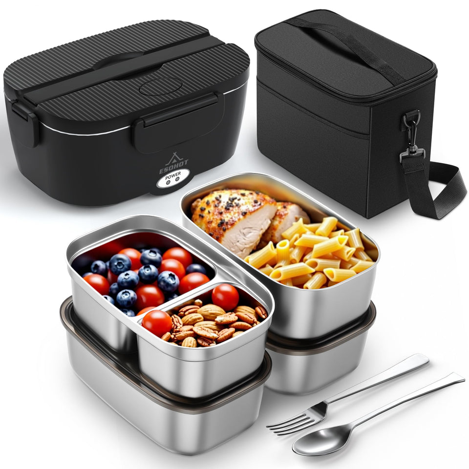 ESOHOT heated lunch box with 120W rapid heating for hot meals on the go.