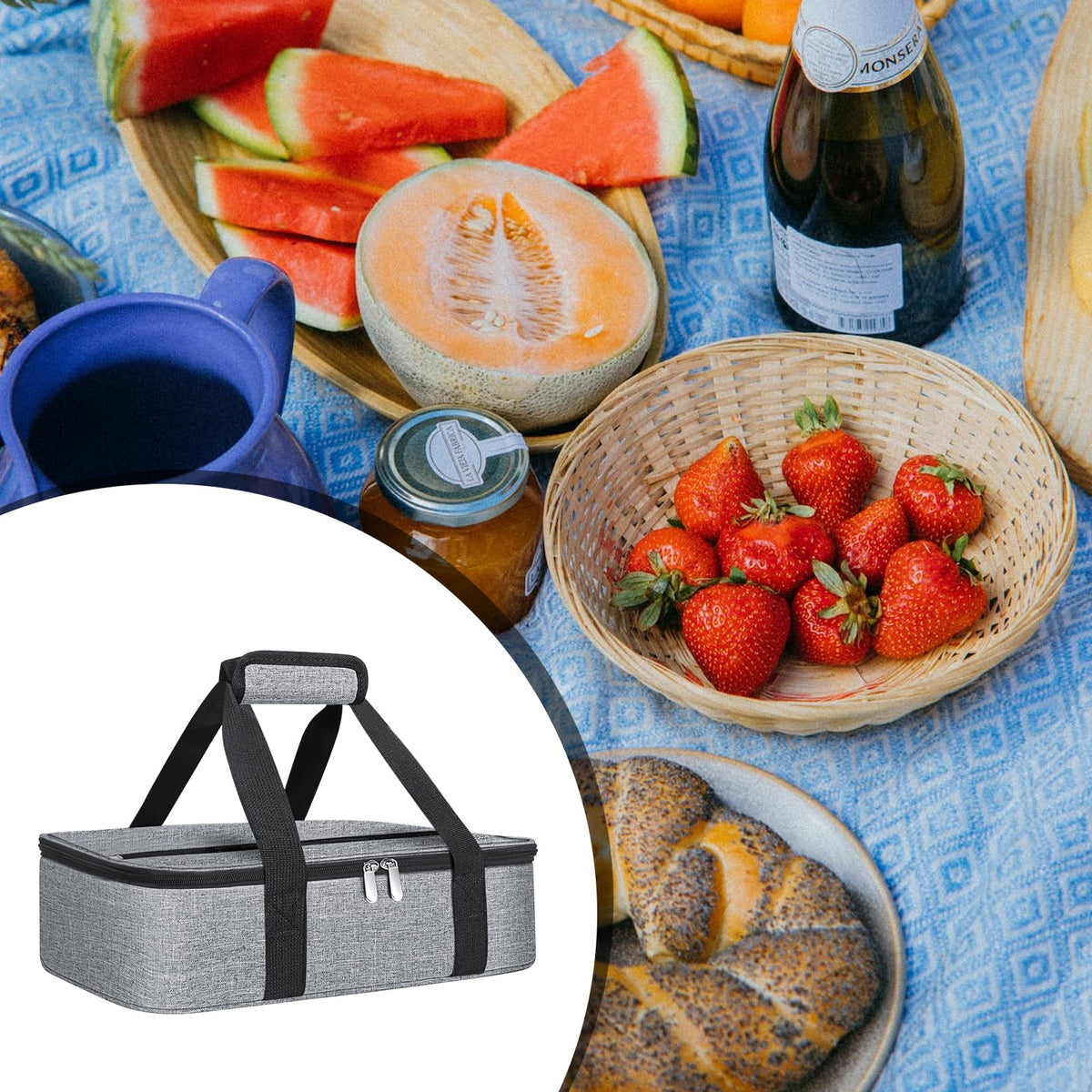 Esouler insulated casserole carrier accessory pocket organizes cutlery and napkins.