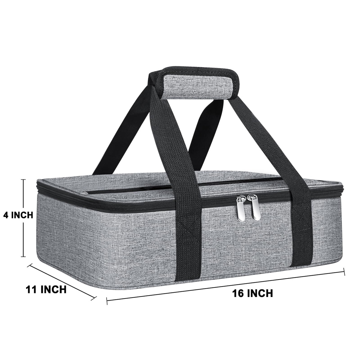 Esouler insulated casserole carrier front view with zipper and handle for easy transport.
