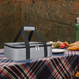 Esouler insulated casserole carrier side view demonstrates compact, travel-friendly silhouette.